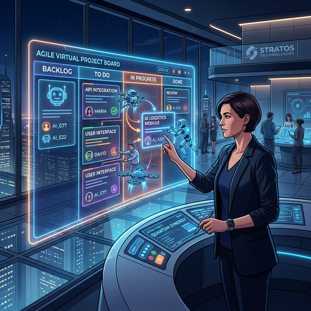 A sleek digital dashboard where human avatars and AI agents collaborate on a virtual project board